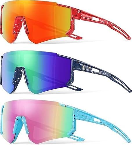 YEAMLTE Gafas de Ciclismo Niño Lote de 3 Gafa de Sol Deportivas Protección UV 400 Gafas de Bicicleta de Montaña para Correr, Hacer Senderismo, Ciclismo, Pescar y Otras Actividades Al Aire Libre