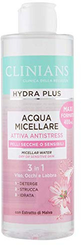 CLINIANS HYDRA PLUS acqua micellare attiva antistress per pelli secche o sensibili, con estratto di Malva, 400 ml