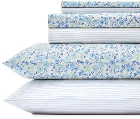 Laura Ashley Inlettstreifen, ultraweich Baumwollperkal-Bettwäsche-Set, frische und Coole Wohnkultur, Baumwolle Perkal, Jaynie Blau/Weiß, Queen