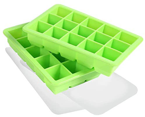 LessMo 2 Pezzi Vassoio per Cubetti, Ghiaccio in Silicone Grande con Coperchio, Salvaspazio e Impilabile, Vassoi per Cubetti di Ghiaccio Certificati LFGB e Senza BPA per Pappe e Bevande