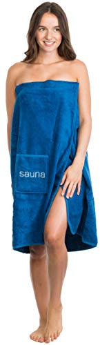 Brandsseller Damen Saunakilt Saunasarong S-XXL mit Klettverschluss, Gummizug und Tasche 100% Baumwolle - Blau