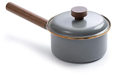 Barebones Enamel Saucepan - Emaille-Topf mit Walnußgriff - Gleichmäßige Hitze für Soßen, Suppen, Eintöpfe - Ideal für Camping & Küche, Bronze-Optik Edelstahlrand, Steingrau