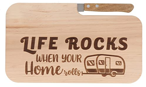 Spruchreif | Brotzeitbrett mit Messer | Frühstücksbrett mit Gravur | Holzbrett mit Messer | Outdoor Geschenk | Geschenk Camper | Geschenk Wanderer | Outdoor Frühstück| Life rocks when your home rolls