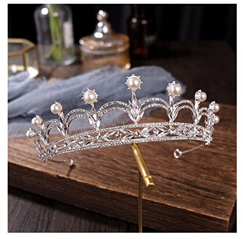 Kristallperle Tiara Krone Haarschmuck Hochzeit Krone Kopfbedeckung Perle Kopfstück Krone Stirnband für Braut Diademe Königin Diadem Tiara (Metallfarbe : Silber)