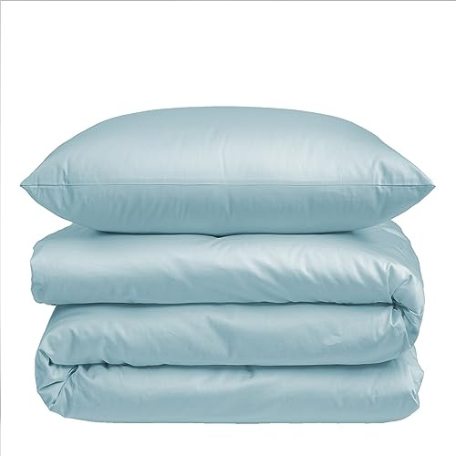 Nordic Paradise - Housse de Couette de Luxe en Satin de Coton 200x200 cm + 2 Taies d'oreiller 50x70 cm - Set de Linge de lit avec Fermeture Éclair Fine - Couleur Bleu fumée