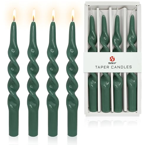 Spiral Candle Unscented Taper Candles Sticks Dark Green 10 inch Tall Tapered Candles 4 PCS Smokeless Twisted Dinner Candle for Christmas Home Kitchen Wedding Decorations