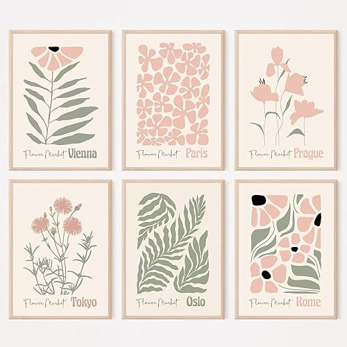 Boho Botanical Wall Art Prints Blush Pink Sage Green Canvas Wall Decor Flower Market Wall Art Poster Abstract Aesthetic Pictures Pink Floral Artwork for Room Bedroom Set of 6 8x10 Inch Unframed