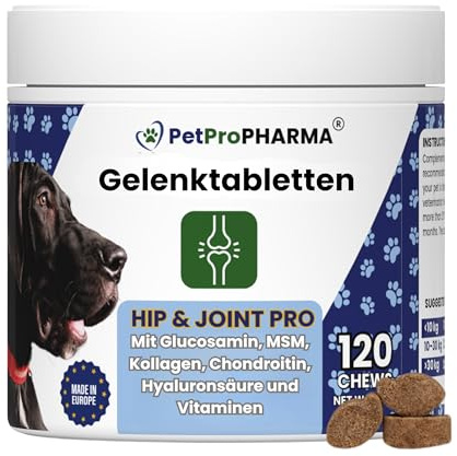 PetPro PHARMA - Hip & Joint Pro – Gelenkschutz für Hunde & Katzen – MSM, Glucosamin, Chondroitin & Kollagen – Gelenktabletten für Hüfte, Gelenke & Beweglichkeit – 120 Kautabletten, 360 g