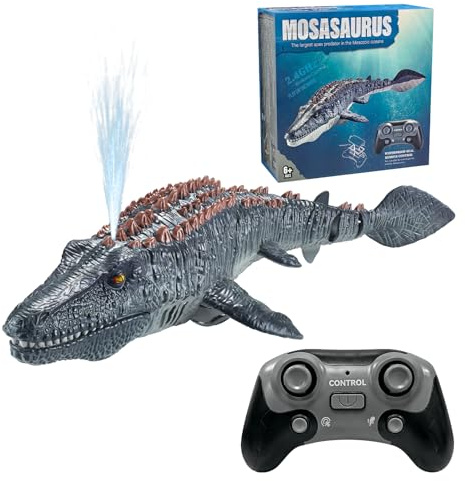 YATOSEEN Ferngesteuertes Mosasaurus Spielzeug für Kinder, Ferngesteuertes Elektrisches Dinosaurier Boot mit Sprühwasser und Licht für Schwimmbad, See, Badezimmer, Badespielzeug (Grau)