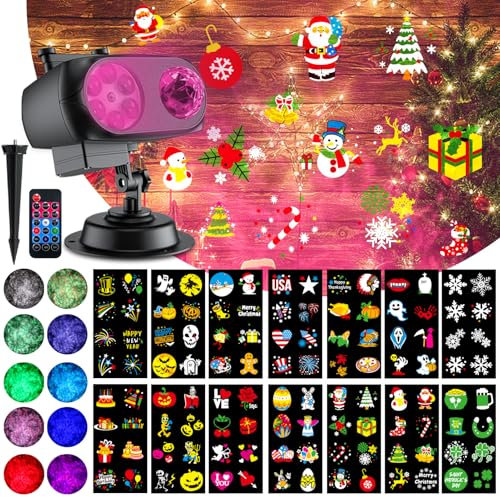 Projecteur lumineux de Noël/Halloween (96 motifs, 10 vagues d'eau), lampes de projection doubles avec effets HD, 8 motifs mobiles sur diapositive, lumière plus vive pour intérieur/extérieur/fête(15W)