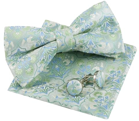 Alizeal Vorgebundene Fliege, Einstecktuch und Manschettenknöpfe für Herren, Blumenmuster, für Hochzeit, Party, Business, 3-teiliges Set
