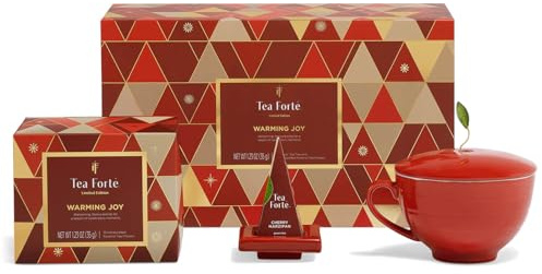 Tea Forte Warming Joy Holiday Coffret cadeau 3 pièces pour la fête des mères avec tasse à café rouge avec couvercle, plateau à thé et 10 sachets à thé pyramidaux assortis 2 de chaque variété