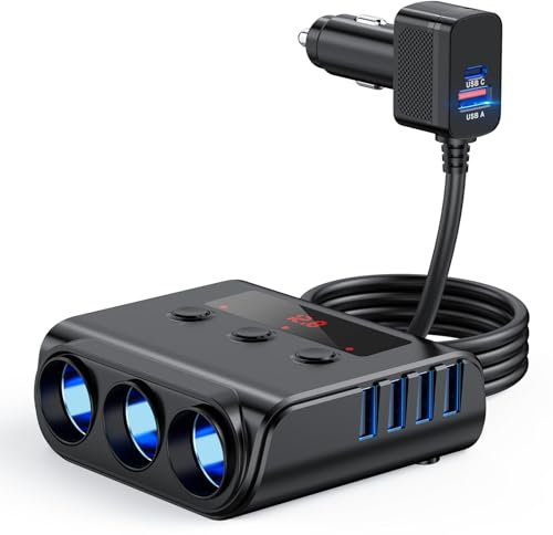 180W Multi Prise Allume Cigare Adaptateur,9 in 1 Chargeur Allume Cigare de Voiture 3 Prise 12V/24V Chargeur Voiture USB 5 Ports USB Allume Cigare US B avec Interrupteur LED Voltage pour Phone GPS Dash