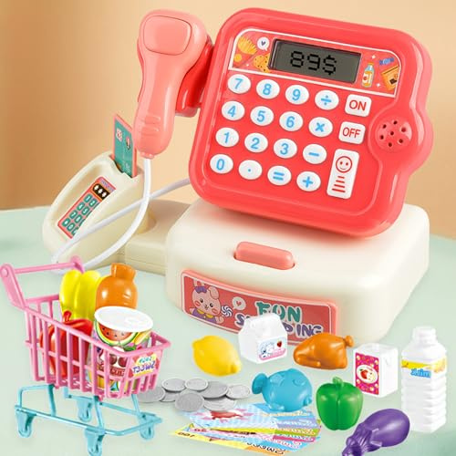 Toy Till Cash Register with Scanner for Kids, Mini Kids Shop Play Till，Shopping Till Pretend Play, for 3 Year Old Girls Boys, Pretend Role Play Money Food Learning Toys Gift for Toddler