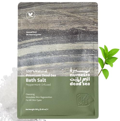 Numeira Sales de baño del Mar Muerto, Sales de Mar Muerto Cosechadas Naturalmente, Sales de baño para remojar y relajarse de Jordania, 250 g de sal marina gruesa con aroma a menta