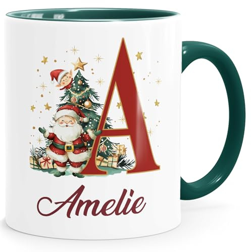 SpecialMe® Tasse Weihnachten Buchstabe Initiale Weihnachtsmann personalisiert Name persönliches Geschenk Weiss-innen-gruen standard