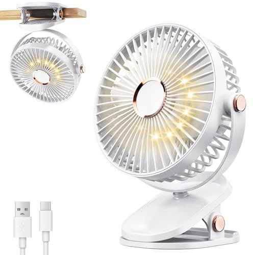 iNeibo Portable Clip on Fan with LED Lights, 4000mAh Battery Operated USB Desk Fan, 4 Speed,720° Rotation, Quiet Rechargeable Mini Table Fan for Home Office Stroller Camping (White)