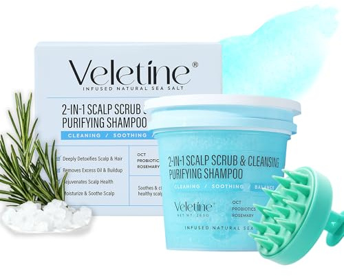 veletine Gommage Pour Cuir Chevelu, Exfoliant Au Romarin, Au Sel Marin Et à L'Arbre à Thé, Shampooing Nettoyant Et Gommage 2-En-1 Pour Cuir Chevelu, Avec Brosse Exfoliante, 260 g