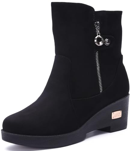 Gaatpot Zapatos para Invierno Mujer Botas de Nieve Calientes Forrado Botines con Tacón Cuña Antideslizante Negro 39EU=40CN