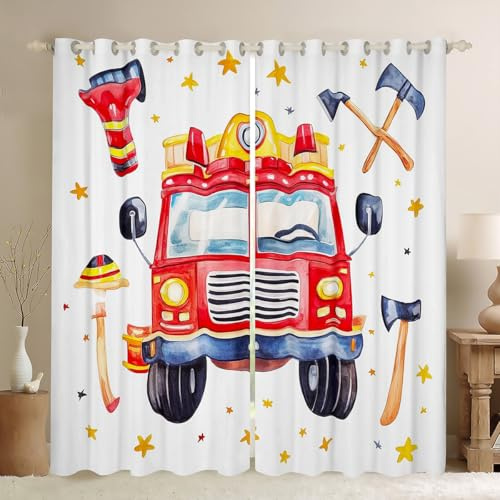 Homemissing Feuerwehr Vorhänge 137x117cm Kinder Feuerwehr Auto Fahrzeug Blickdichte Vorhänge für Kinder Jungen Auto Feuerwehr Achs Gardinen Feuerwehr Fenstervorhang Feuerwehr Blickdichte Vorhänge