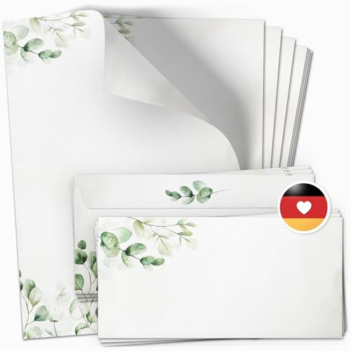 10 Briefpapier und Briefumschlag Set | Aquarell Look Eukalyptus Greenery | Schreibpapier A4 & Umschlag DIN Lang | Design Papier