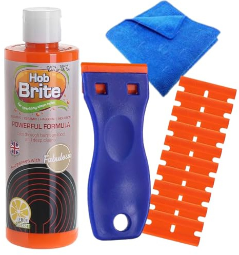 Hob Brite Hob Cleaner Glass Ceramic 250ml, Ceramic Hob Cleaner and Induction Hob Cleaner Kit with Microfibre Cloth and Safety Scraper for Home Kitchen Cooktops