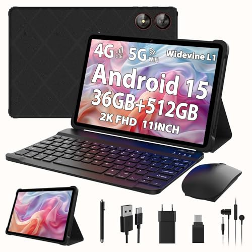 PIXGOOD 2025 Android 15 Tablet 11 Pollici, 36GB+512GB/2TB, SIM 4G & 5G WiFi, Octa Core 2.0GHz, 13MP+8MP, 2000 * 1200/WidevineL1/8000mAh/BT5.0/OTG/GPS-Tablet con tastiera (Nero)