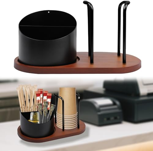 GeluEla Soporte para tazas de café, soporte para tazas y tapas, dispensador de tazas desechable con cesta de almacenamiento de popotes de café, para almacenar vasos de papel, popotes, tapas y vajilla