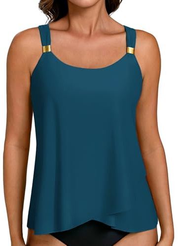 Hanna Nikole Haut tankini pour femme, haut de maillot de bain à bretelles réglables, haut de maillot de bain à ourlet fluide, haut de maillot de bain à col en U avec rembourrage (sans bas)