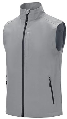 MoFiz Softshell väst för män, lätt ärmlös utomhusjacka vindtät arbetsväst med 3 fickor med dragkedja, LJUSGRÅ, XXL