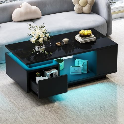 Merax Couchtisch in Hochglanz Schwarz, Modern Wohnzimmertisch mit LED-Beistelltisch, Sofatisch Kaffeetisch mit Schubladen, seitlichen Ablagefächern, Rechteckiger Teetisch Mitteltisch für Büro, Empfang