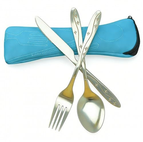 3-Piece Camping Cutlery Set with Portable Pouch - Stainless Steel Travel Knife Fork Spoon Set with Neoprene Case for Outdoor Picnic, Hiking, Office Lunch, School - Sky Blue