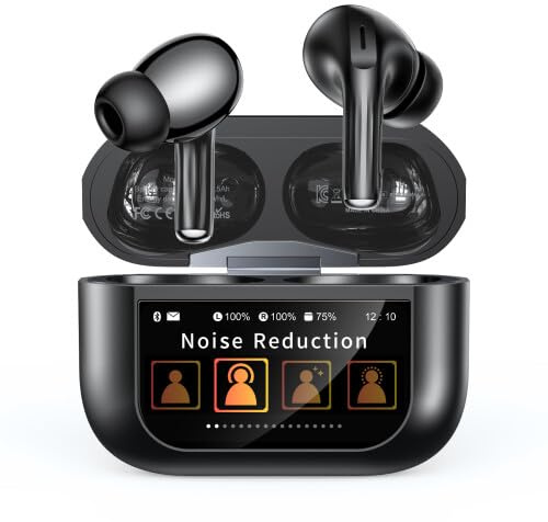 ZZU Écouteurs sans fil, Bluetooth 5.4 avec écran tactile intelligent, casque antibruit ENC avec 48 heures de lecture, son stéréo HiFi, 5 modes EQ, écouteurs légers pour iPhone/Android, noir