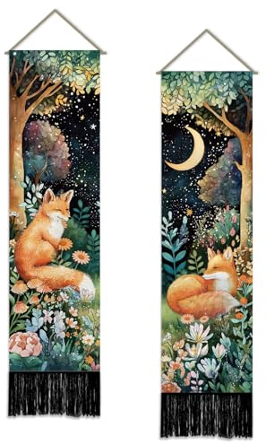 SUPERDANT 2 Stück Wandteppich 130x33cm Fuchs Und Wald Wandbehang Langer Schmaler Tier Retro Wandteppiche Tapestry Für Flur Wohnzimmer Schlafzimmer Man Cave Bunt
