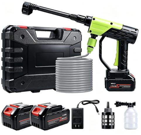 Portable Cordless Pressure Washer,6 in 1 High-Pressure Cordless Jet Cleaner with 21V 2Battery Powered for Patio and Car,5M Water Hose Cordless Power Washer for Floor/Garden Cleaning (Green)