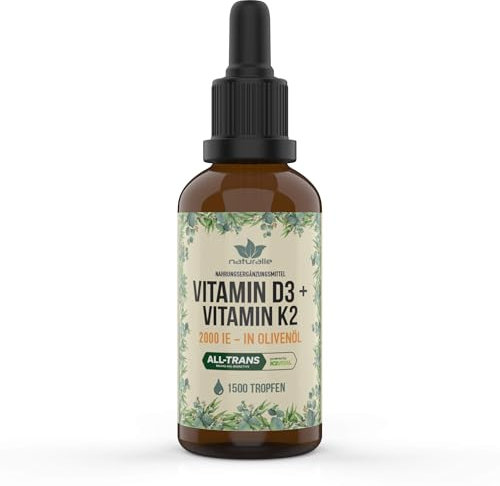 naturalie® - Vitamin D3 + K2 Tropfen hochdosiert | 2000 IE D3 + 50µg Vitamin K2 MK7 (99,7% all Trans) in Olivenöl | Schadstoffgeprüft - 50ml | ohne unnötige Zusatzstoffe
