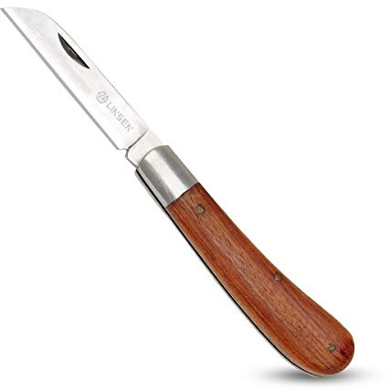 Linsen-outdoors Tree Sucker Remover & Pruning Knife, Stainless Steel Folding Garden Knife with Wooden Handle, for Removing Suckers, Trimming Twigs, Budding & Yard Cleanup