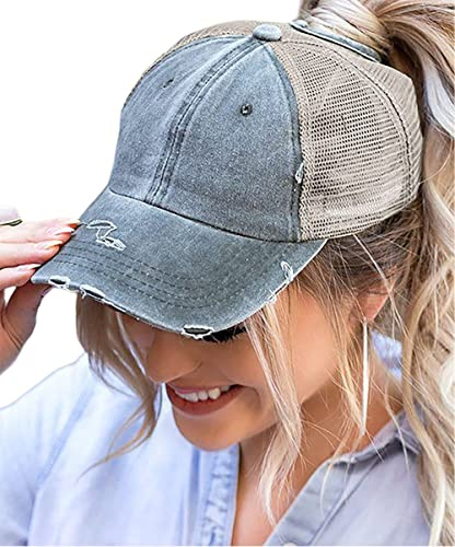 Baseballkappe Pferdeschwanz Messy-Bun Hut Distressed Baumwolle Washed Vintage - Grau - Medium