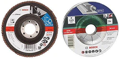 Bosch 2608605450 - Disco Lamellare Per Metallo Best for Metal Per Smerigliatrice Angolare, Grana 40, Ø Disco 115 Mm, Bombato & Set Mola Taglio Metallo, 115 Mm Ø X 2,5 Mm a Gomito, Set Di 5 Pezzi
