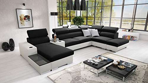 All4All Ecksofa mit Schlaffunktion Ponti 368 cm x 227 cm - Wohnlandschaft U-Form - Schlafsofa mit Bettkasten - XXL Sofa - Groß - Gewebe mit Kunstleder - Linke Seite - Schwarz/Weiß - Modern 26