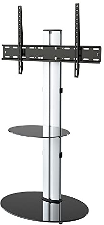 MAHARA Swivel Column TV Stand - for 32 to 55 inch TVs-Universal freestanding silver tall floor stand with oval black glass shelves & cable management-Height adjustable & fits in corners-Weight 40kg