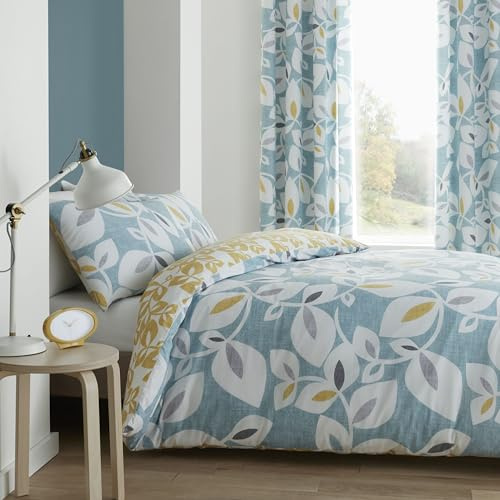 Catherine Lansfield Inga Leaf Reversible Double Duvet Cover Set with Pillowcases Teal Green