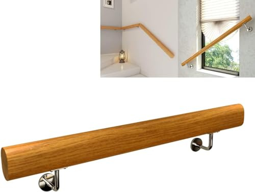 ybaymy 100CM Wooden Handrail Complete Set Staircase Handrail Wood Banister Anti-Slip Stair Railing with Metal Bracket Fitting for Indoor Outdoor Elderly Children Loft Safety Stairway Support Rods