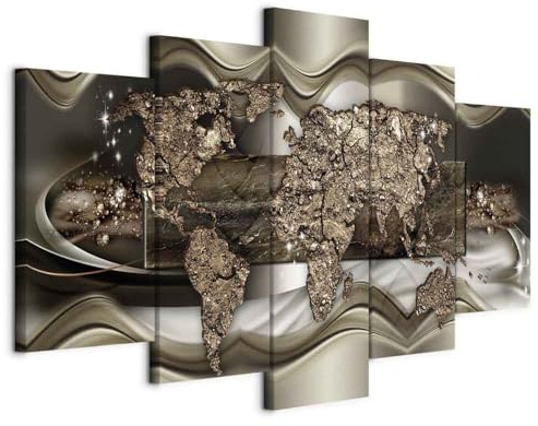 B&D XXL - Leinwandbild Landkarte Kontinente World, 200x100 cm, 5-teilig | Hochwertige Leinwand, sofort aufhängbar, ideal fürs Wohn- oder Schlafzimmer, wasserfest und lichtecht, langlebig, stilvoll