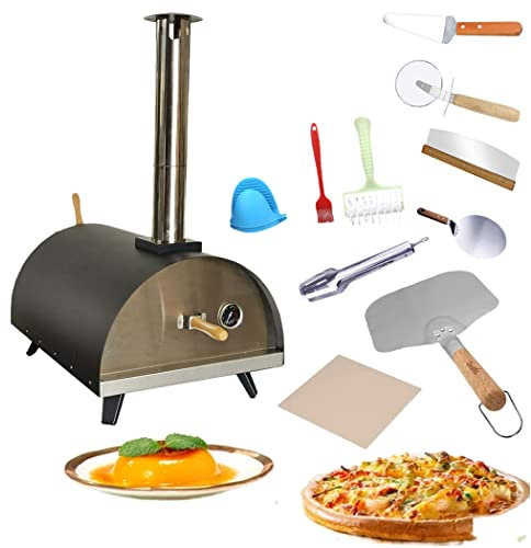 Outdoor Pizzaofen mit Pizzastein, Pizzaschieber, Holzofen, Mobiler Backofen, Outdoor Gas Pizzaofen aus Edelstahl für Garten, Outdoor & Camping, Kohle und Briketts Geeignet,Schwarz