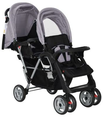Tidyard Geschwisterwagen Geschwisterwagen Zusammenklappbar Geschwisterkinderwagen Doppelkinderwagen Kinderwagen Zwillingswagen Zwillingsbuggy Stahl Grau und Schwarz