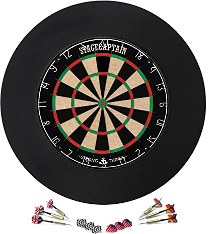 Stagecaptain DBS-1715 Bullseye Pro Dartscheibe mit Pfeilen - Profi Steeldartscheibe aus Sisal - Dartboard mit dünnen Drähten - Dart Scheibe mit 6 Dartpfeilen und 4 Sets Flights - Set inkl. Catchring
