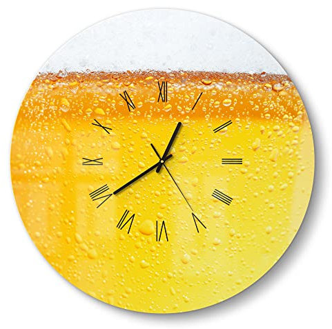 DEQORI Glasuhr | rund Ø 50 cm | Motiv Bier mit Schaumkrone | große XXL Design Uhr aus Glas | leise Wanduhr für Wohnzimmer & Küche | moderne Hingucker Uhr für die Wand