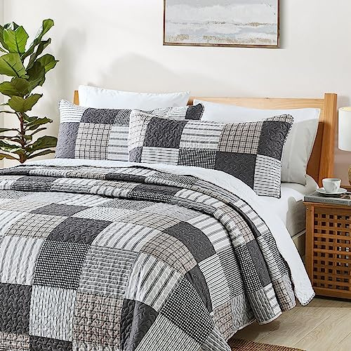 HIARUO Quilt Set King Size, 3 Pieces Bedspread Coverlet Plaid Patchwork Quilt Farmhouse King Size Comforter Set Lightweight Bedding with 2 Pillow Covers Shams for All Season Gray Brown White