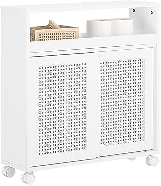 SoBuy schmaler Badezimmerschrank mit Rollen – Nischenschrank 20cm – Badschrank zur Aufbewahrung von Toilettenpapier – Badmöbel aus Holz mit höhenverstellbaren Einlegeböden, Weiß, 20x70x65cm, BZR119-W